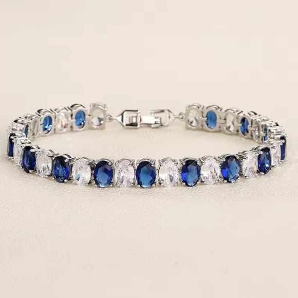 Natural Sapphire Oval Cut Gemstone Tennis Bracelet 14K Gold Plated